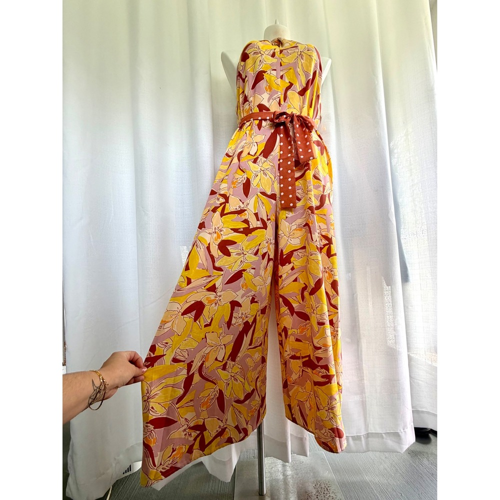 Nine West Womens Floral Halter Jumpsuit Size L Yellow Pink Wide Leg - Picture 3 of 10